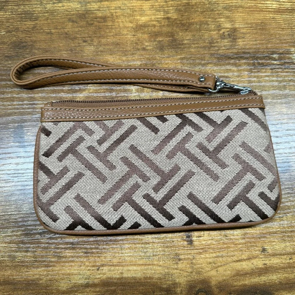 Tignanello Brown Jacquard Logo Wristlet Pouch Brown Tan Geometric Zip Top‎ Bag